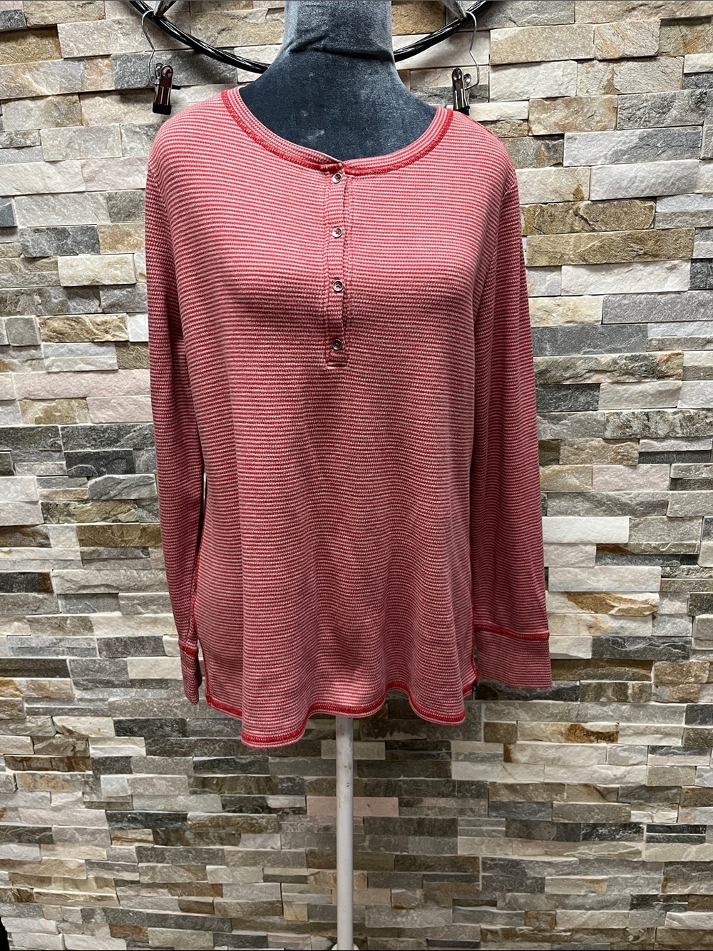 Eddie Bauer Striped Long-Sleeve Henley in Rose